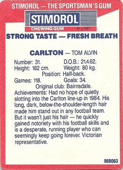 1990 AFL Scanlens Stimorol #86 Tom Alvin Back